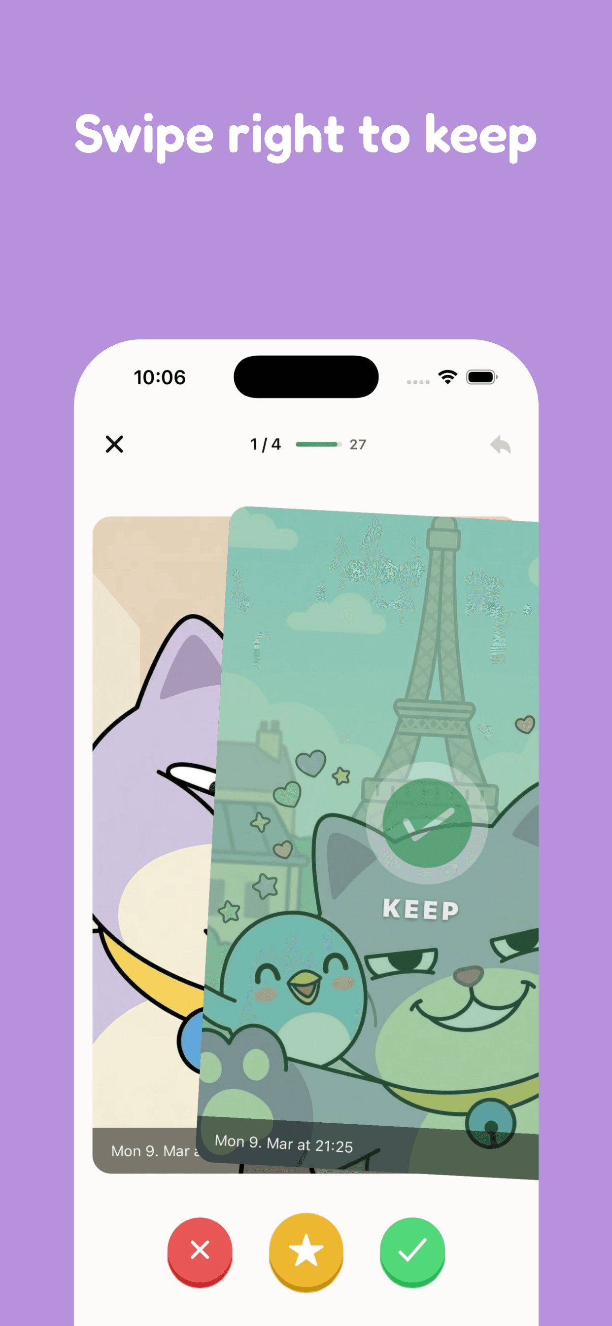 Pikondo screen that shows how to swipe right to keep a photo